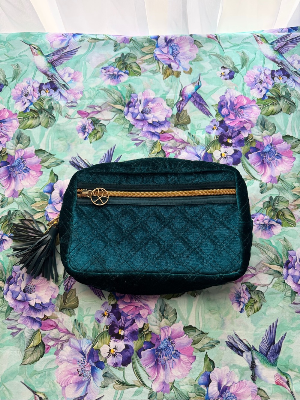Quilted Velvet Teal Makeup Bag with Tassel - Picture 2 of 8